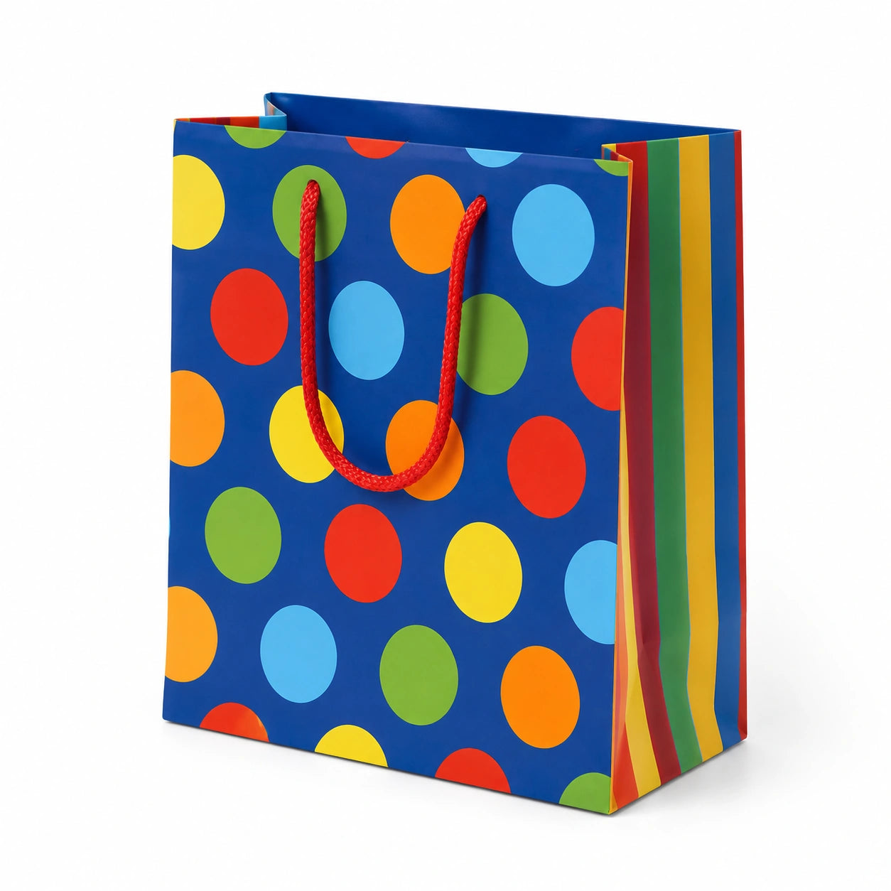 Sacchetto regalo 32 x 12 x 42 cm in carta blu multicolore con manici in corda stile a pois