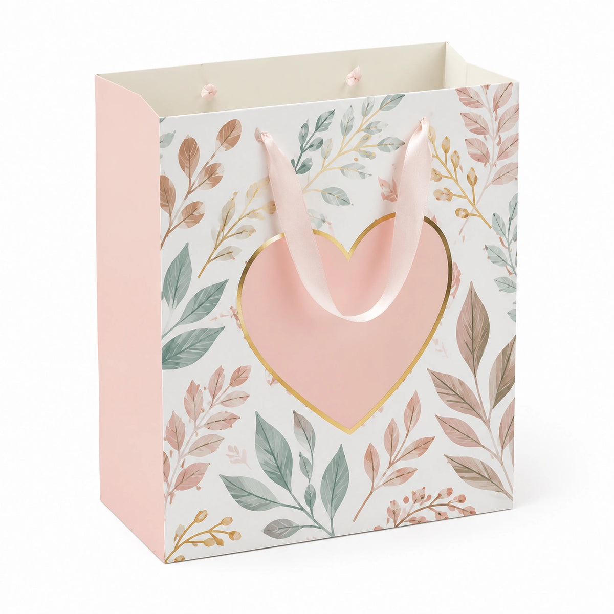 Sacchetto regalo 26 x 12 x 32 cm in carta rosa con manici in nastro e motivo floreale
