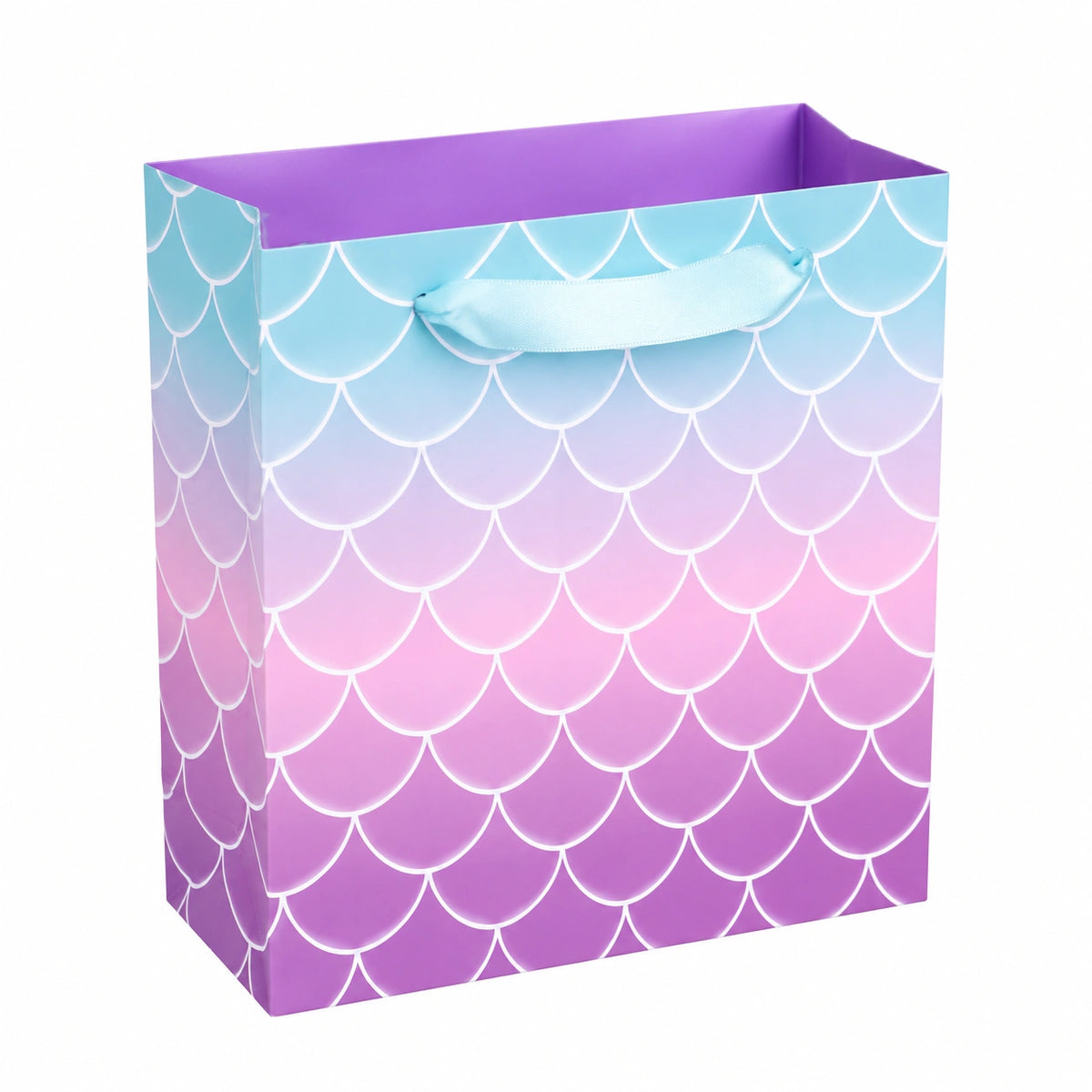 Sacchetto regalo 26 x 12 x 32 cm in carta azzurro rosa e viola - motivo squame con manici in nastro