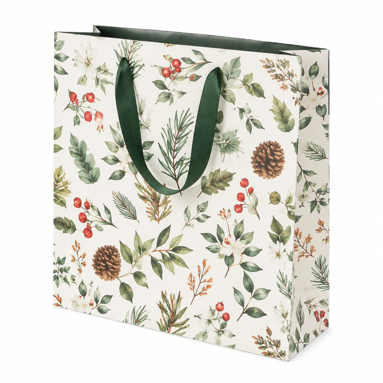 Borsa regalo 32 x 12 x 26 cm in carta bianca con stampa botanica e manici verdi