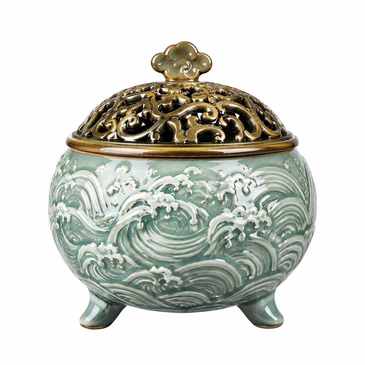 Bruciatore per incenso in ceramica Ø 18 cm verde salvia con coperchio traforato decorativo