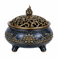Bruciatore d'incenso in ceramica Ø18 cm blu scuro e oro con coperchio traforato decorativo