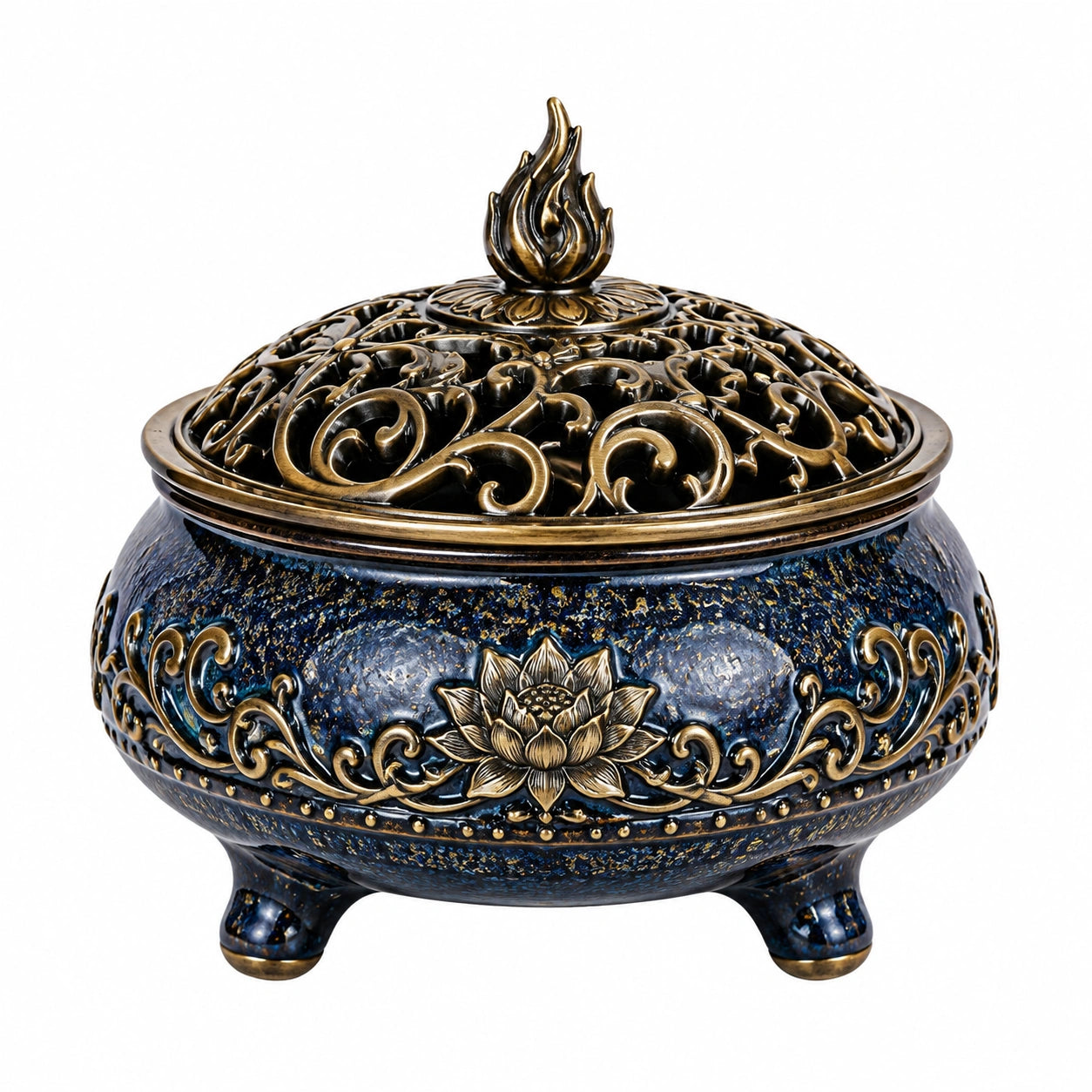 Bruciatore d'incenso in ceramica Ø18 cm blu scuro e oro con coperchio traforato decorativo
