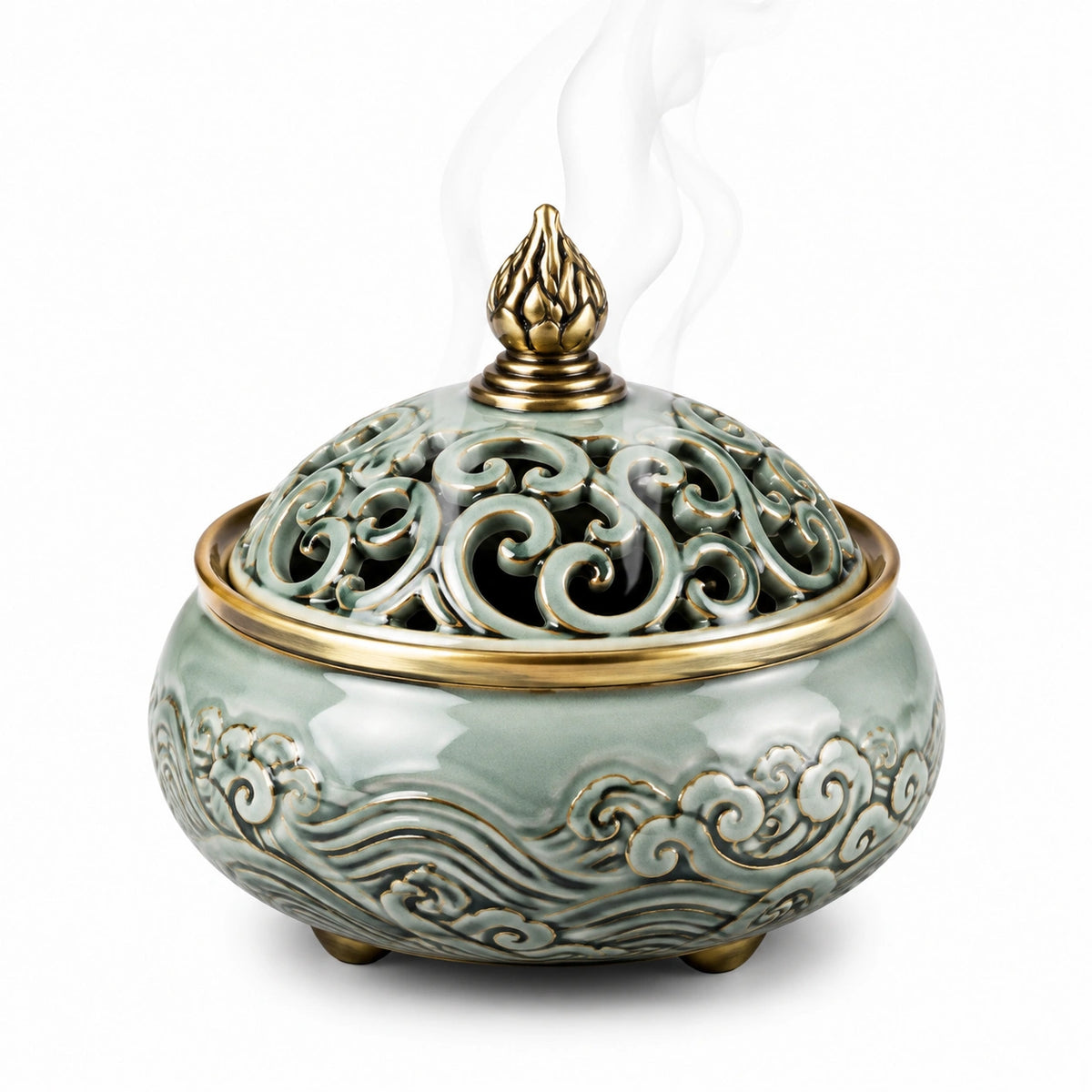 Bruciatore d'incenso in ceramica Ø16 cm verde salvia e oro con coperchio traforato decorativo