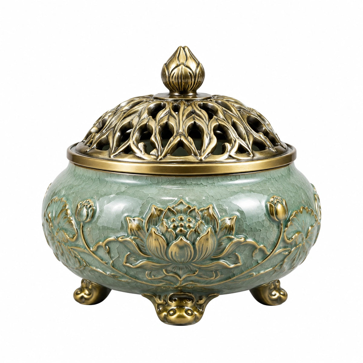 Bruciatore per incenso 18 cm in ceramica verde con coperchio traforato dorato floreale