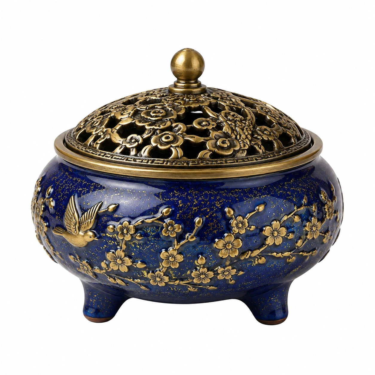 Bruciatore d'incenso in ceramica blu e metallo dorato 18 cm - stile floreale traforato