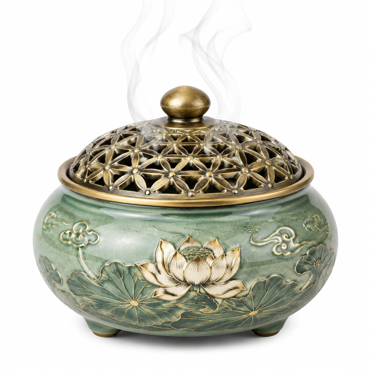 Bruciatore d'incenso diametro 18 cm in ceramica verde e metallo dorato traforato