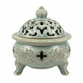 Bruciatore di incenso in ceramica diametro 20 cm verde salvia traforato decorativo