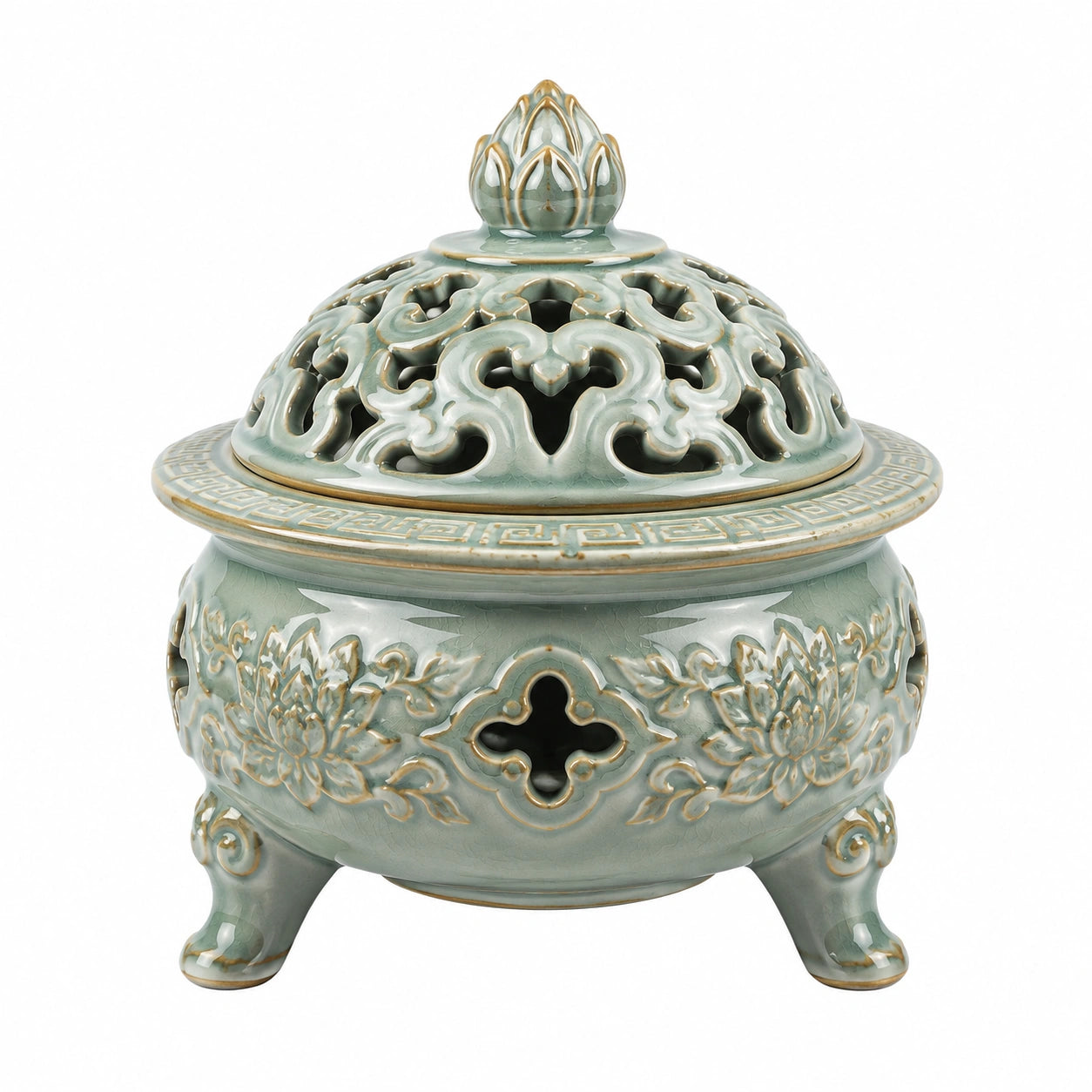 Bruciatore di incenso in ceramica diametro 20 cm verde salvia traforato decorativo