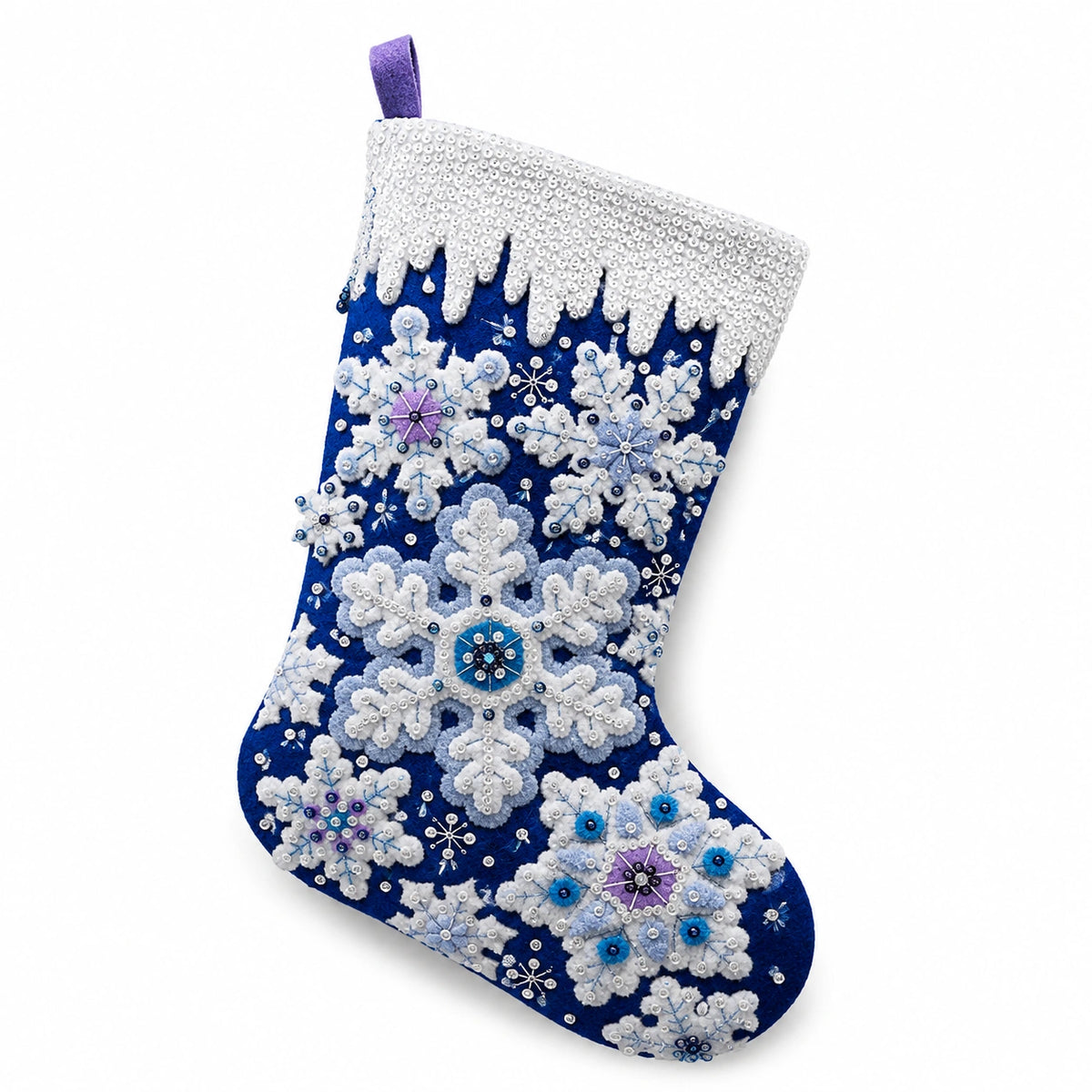 Calza natalizia 45 cm in feltro blu con paillettes e fiocchi di neve decorativa da appendere