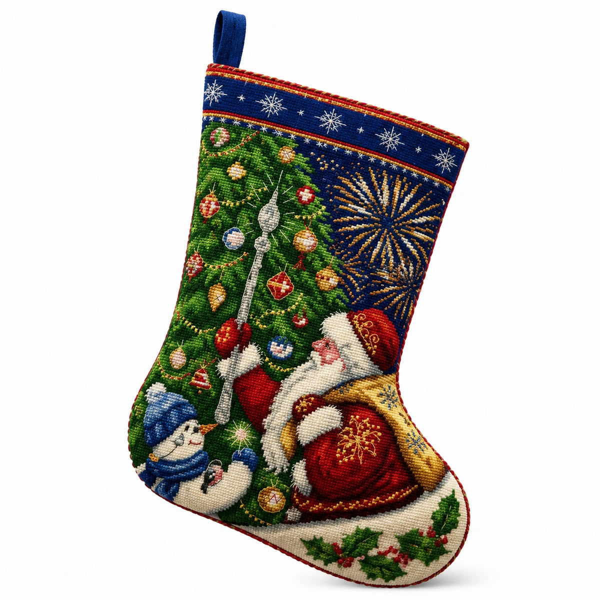 Calza natalizia 45 cm in tessuto ricamato blu verde rosso - decorazione da appendere
