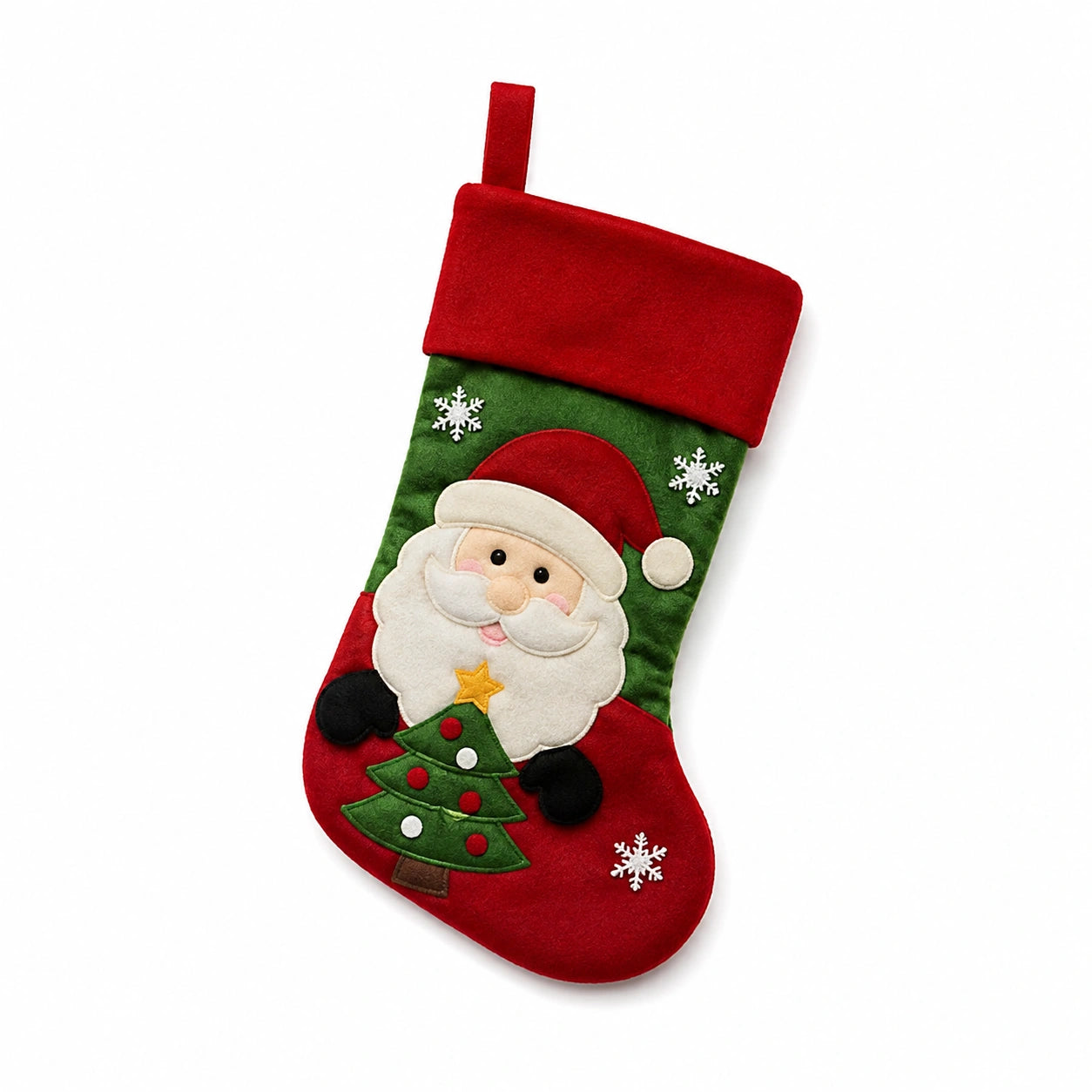 Calza natalizia 45 cm in feltro rosso e verde con Babbo Natale da appendere