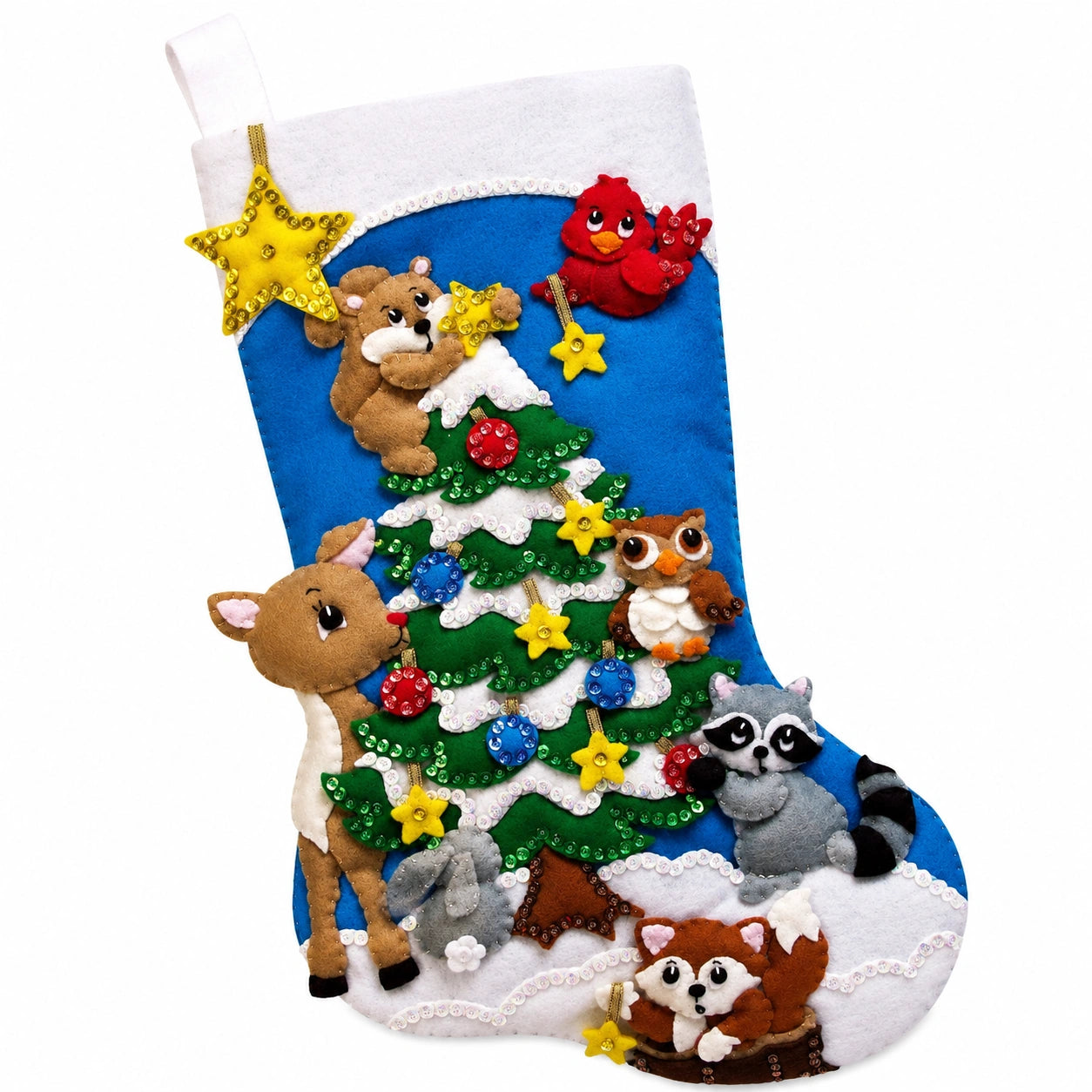 Calza natalizia 45 cm in feltro blu con animali e albero decorato