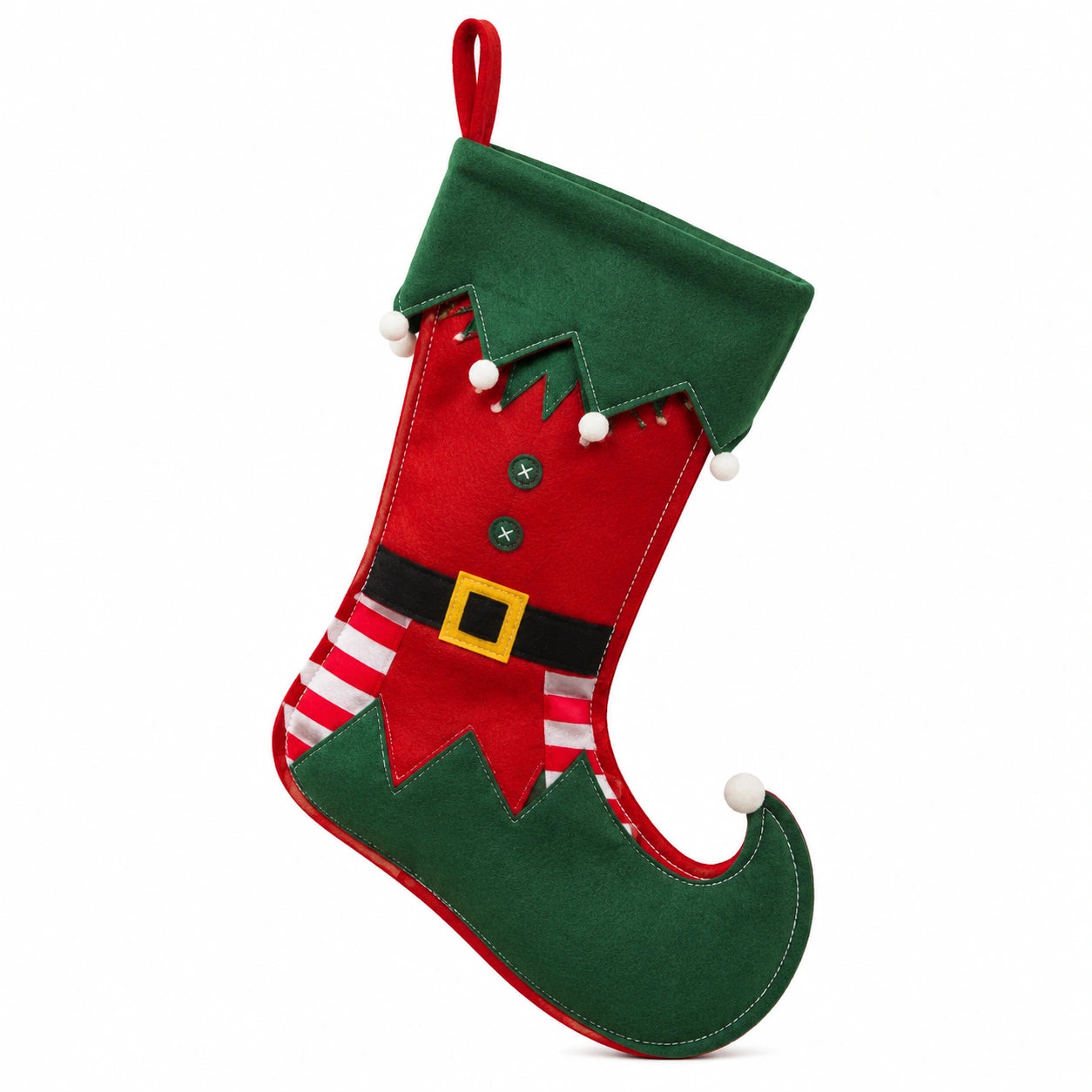 Calza decorativa natalizia 45 cm in tessuto effetto feltro rosso verde stile elfo