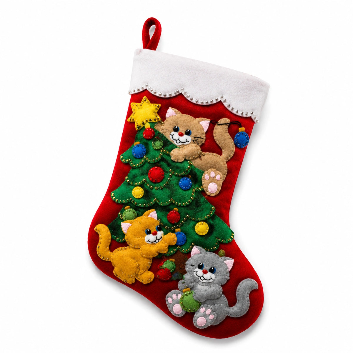 Calza natalizia in feltro rosso con gatti e albero di Natale da appendere