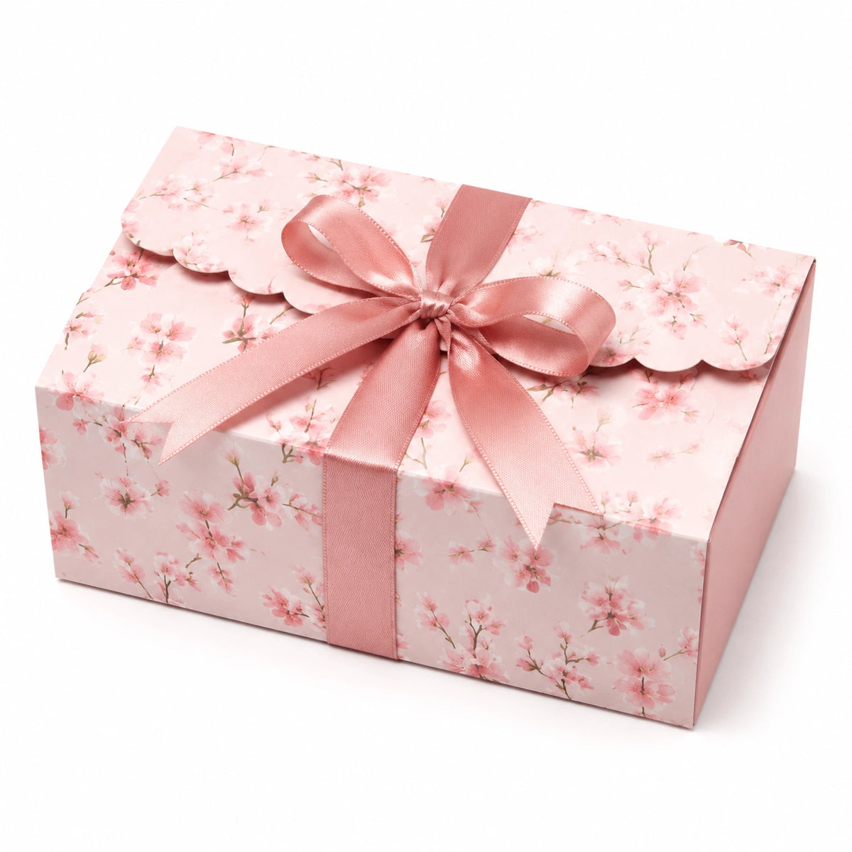Scatola regalo 30 x 20 x 10 cm in cartoncino rosa con stampa floreale e nastro decorativo