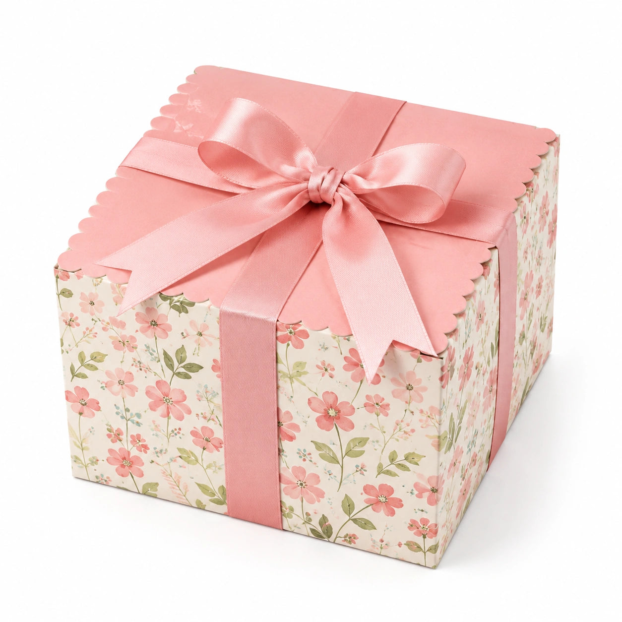 Scatola regalo quadrata 25 cm in cartone rosa con motivo floreale e nastro decorativo