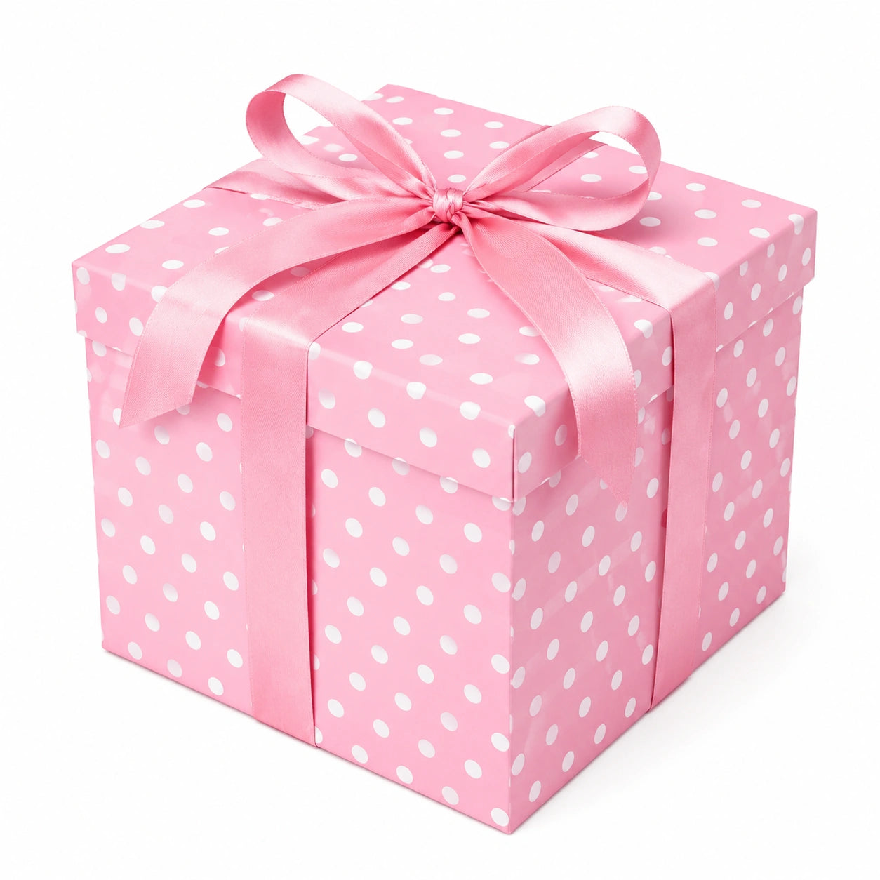 Scatola regalo 20 x 20 x 20 cm in cartone rosa a pois con nastro decorativo