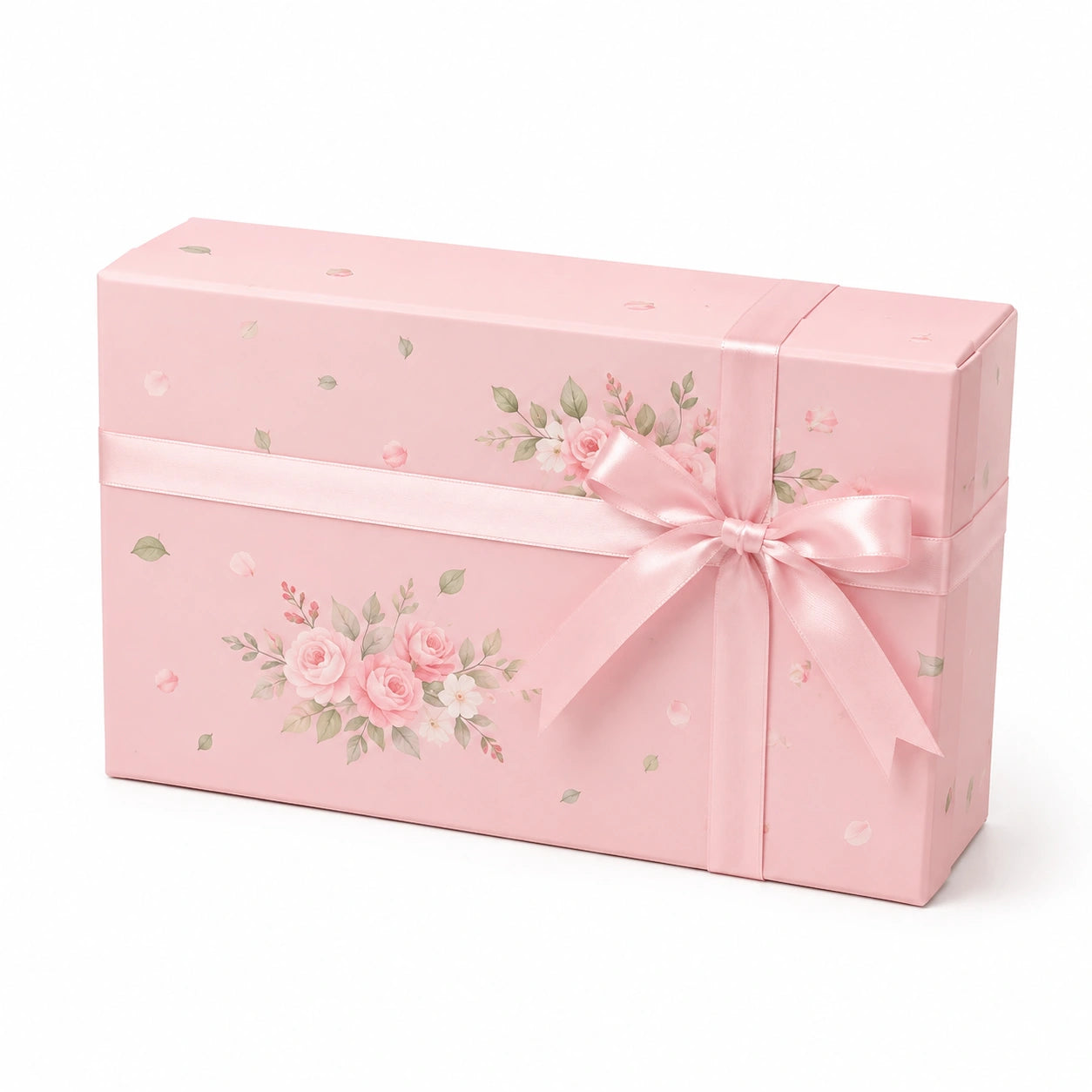Scatola regalo 35 x 25 x 15 cm in cartone rosa con motivo floreale e nastro decorativo