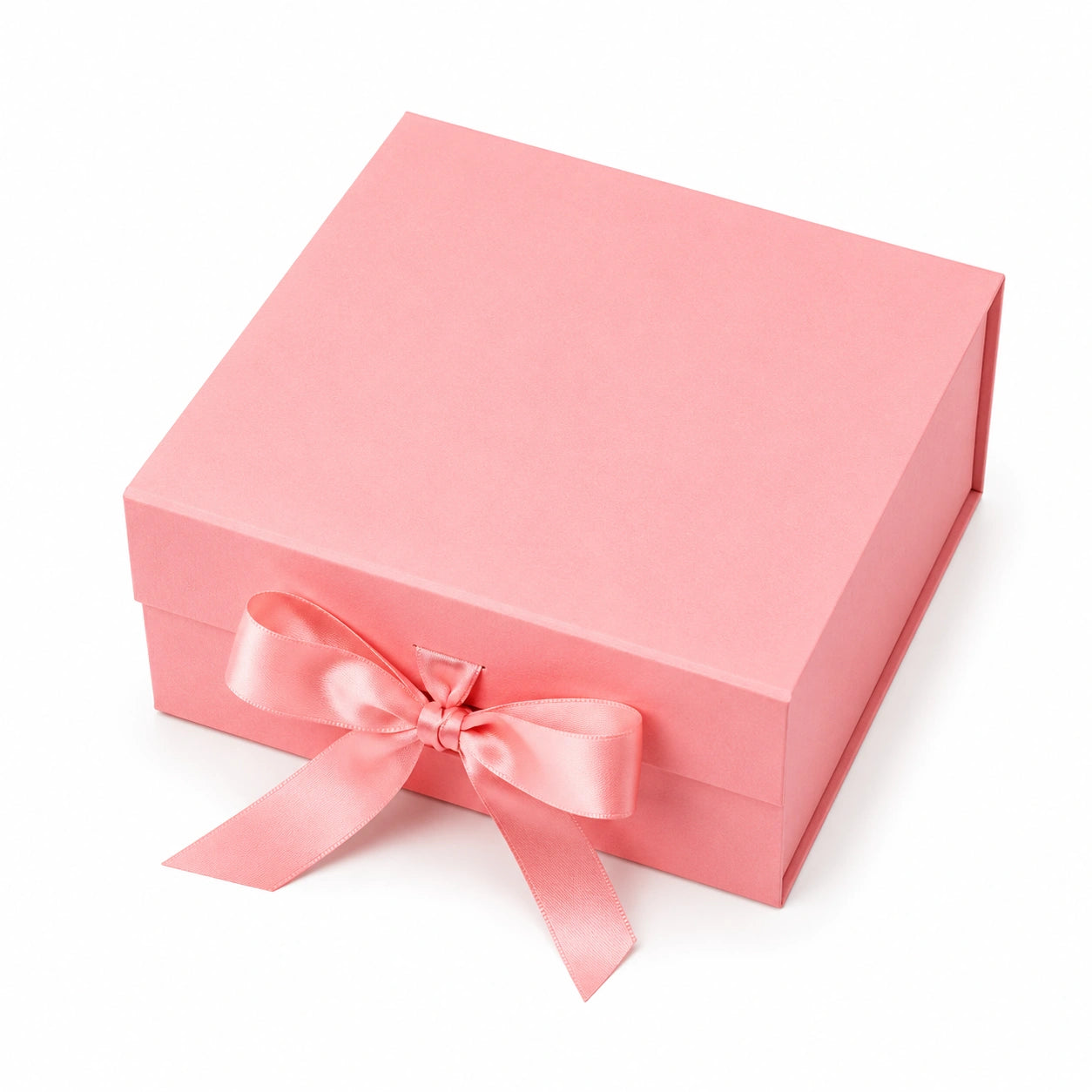 Scatola regalo quadrata 20 x 20 x 8 cm in cartone rosa con nastro di raso