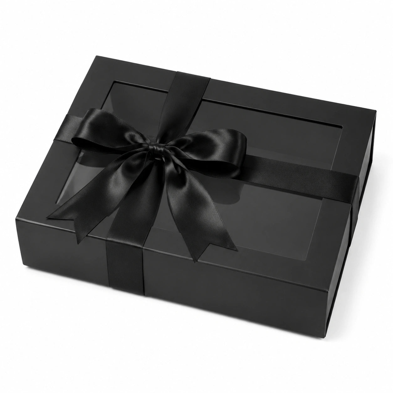Scatola regalo 30 x 20 x 8 cm in cartone nero con finestra e nastro in raso